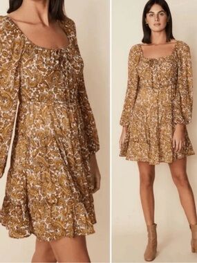 FAITHFULL THE BRAND $180 • 16.5” PTP • Boho Paisley Long-Sleeve Mini Dress NEW
